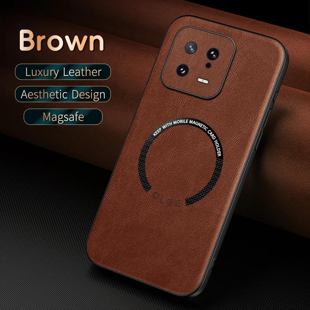 For Xiaomi 13 13Pro 13Lite 13Ultra Fine-Hole PU Cow Pattern Leather Outer Magnetic Ring Soft Edge Anti-Drop Phone Case
