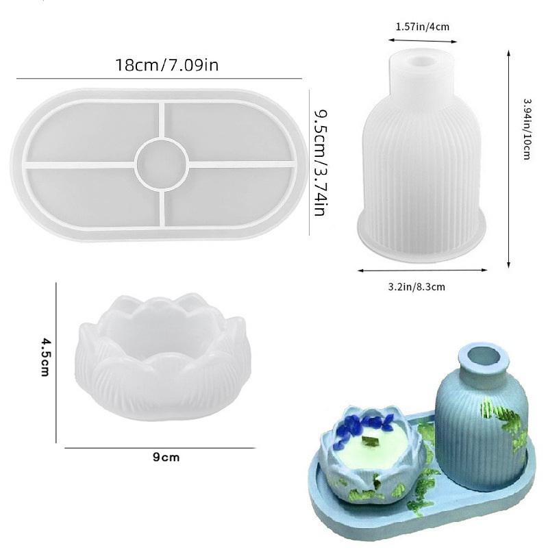 Lotus Striped Vase Tray Silicone Mold Set Diy Epoxy Resin Plaster Mold For Flower Arrangement Aroma Clay Craft Home Decoration