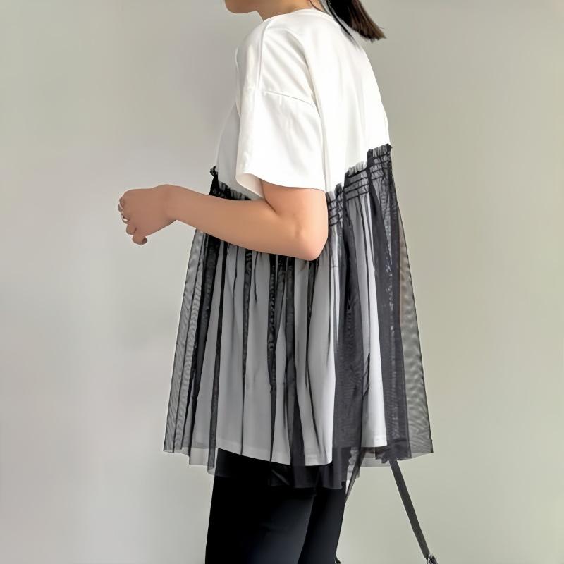 Good Fabric Japanese Summer Top Women's Simple Casual Mesh Splicing Short Sleeved Round Neck Pullover T-shirt