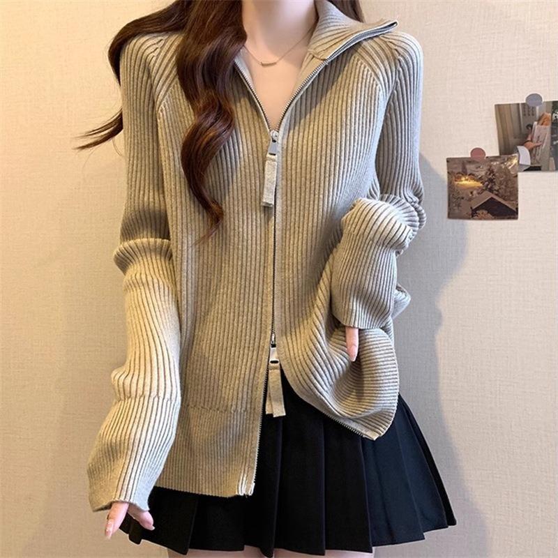 Large size women's clothing autumn and winter solid color double-ended zipper thin pit strip lazy temperament cardigan lapel knitted sweater top