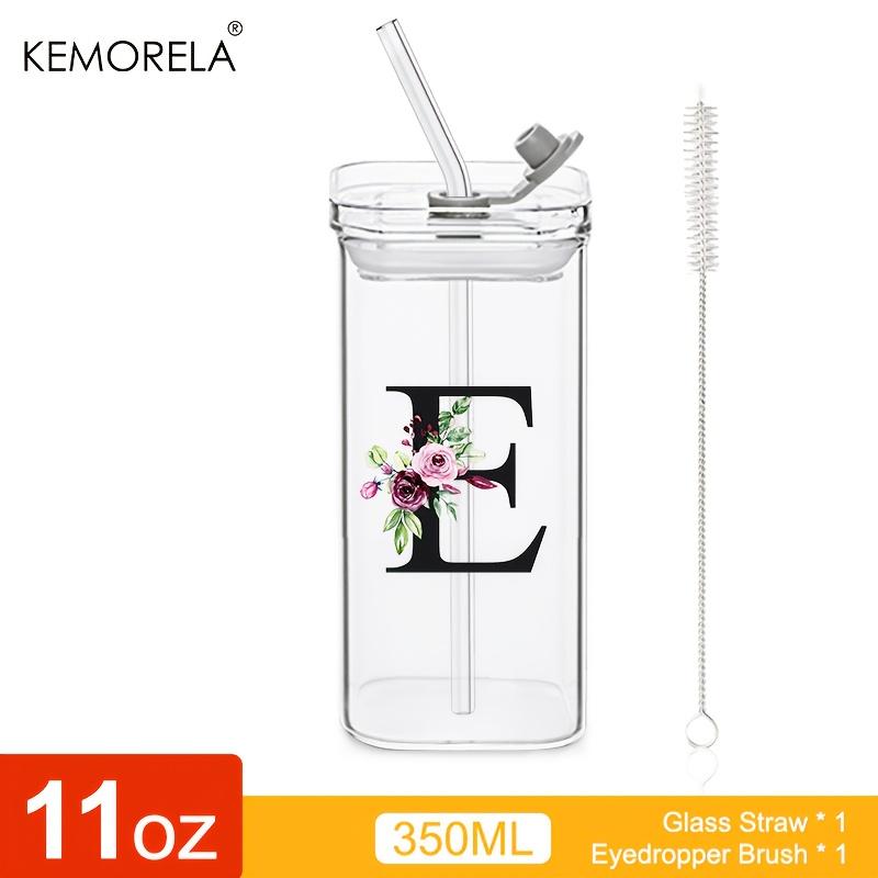 1 STÜCK 24 Buchstabenförmige Glastrinkbecher mit Deckel und Strohhalm Kaffeebecher 300ML Klarer quadratischer Trinkbecher für Kaffee Bier Milch