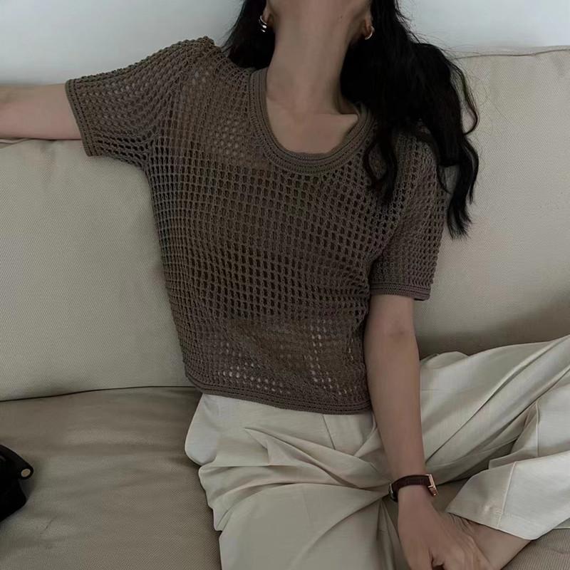 Skeleton Short-sleeved Knit Shirt Women's Summer Thin Design Sense Niche Chic Unique Loose Versatile Blouse Tops Casual Slim Fit Pullovers Tees