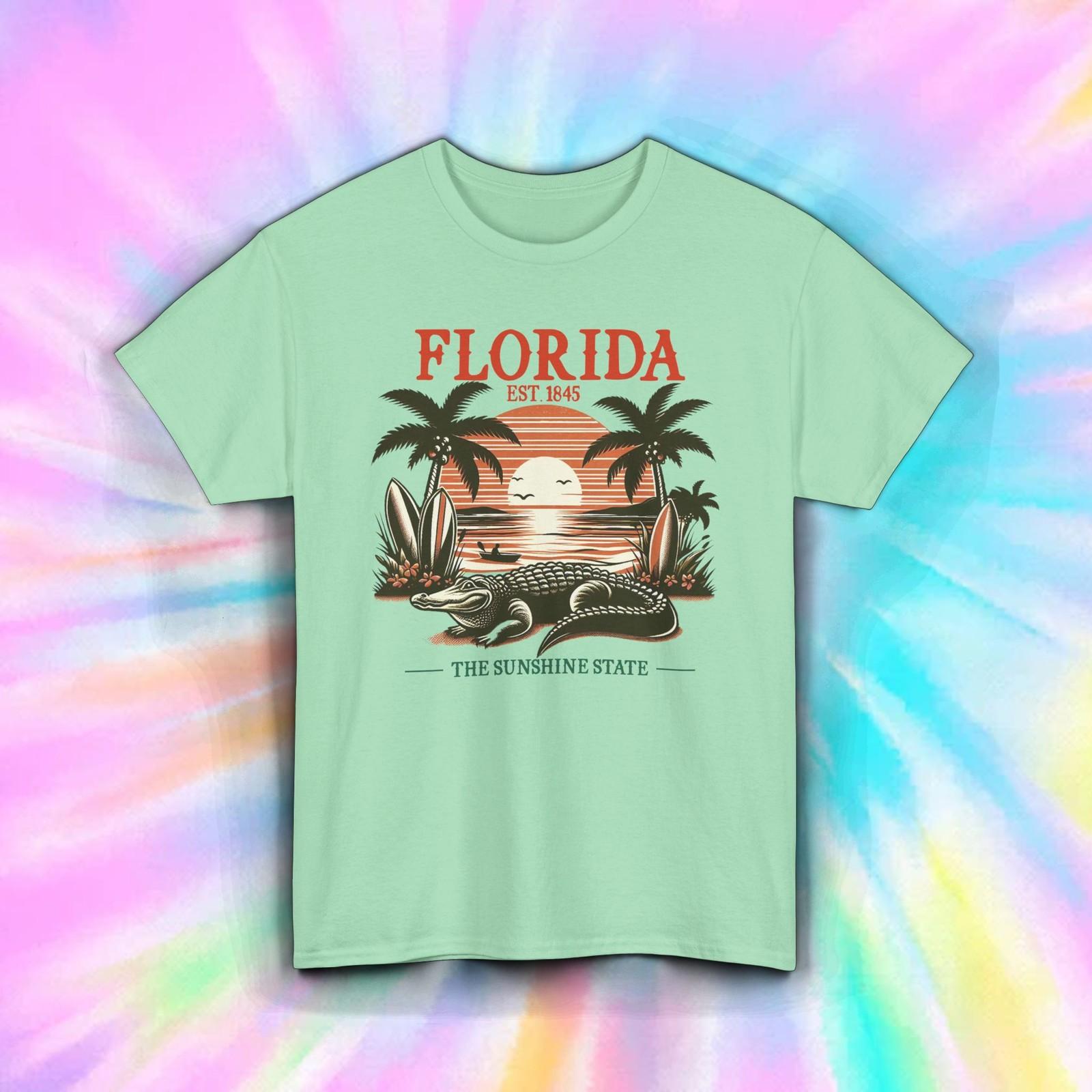 Florida Vintage Retro Sunset Shirt | Sunshine State Alligator Beach Graphic Tee S