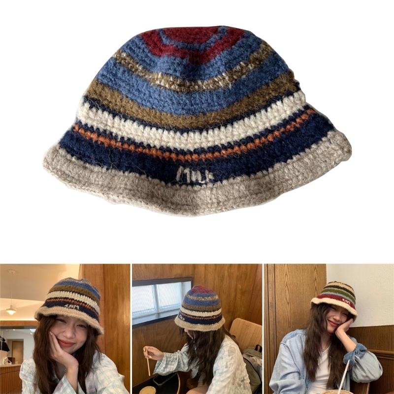 Popular Crochet Stripe Hat Knitting Fisherman Hat Handmade Knit Skull Hat Ins Style Beanies Hat Girls Casual Bucket Hat