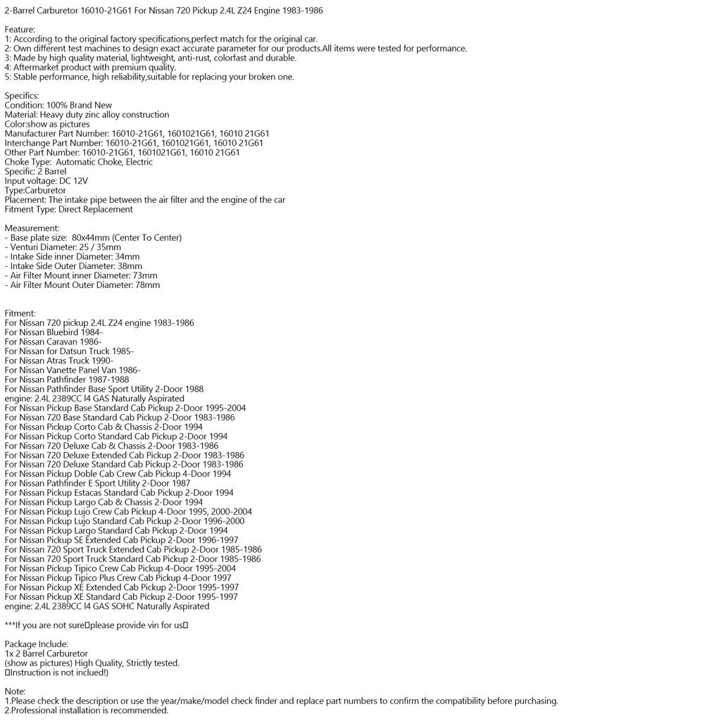 2-Barrel Carburetor 16010-21G61 For Nissan 720 Pickup 2.4L Z24 Engine 1983-1986