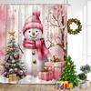 Cute Blue Snowman Shower Curtains Winter Forest Cedar Snow Mountain New Year Christmas Home Bathroom Curtain Decor With Hooks