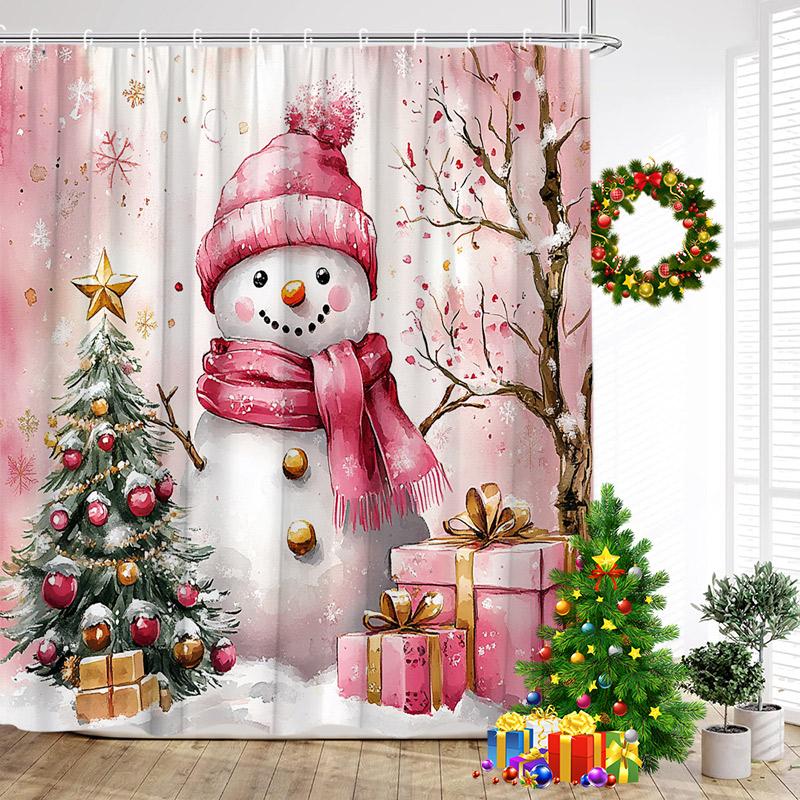 Cute Blue Snowman Shower Curtains Winter Forest Cedar Snow Mountain New Year Christmas Home Bathroom Curtain Decor With Hooks