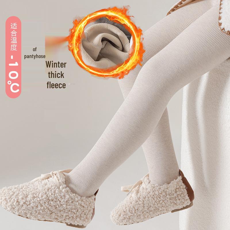 Girls' Fleece-Lined Open Crotch Stirrup Tights - Cotton, Thick, Vertical Stripes, Warm Autumn/Winter Wear