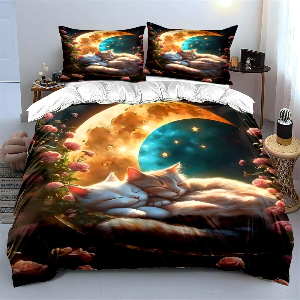 Moonlit Cats on Crescent Bed Bedding Duvet Cover Set (1*Duvet Cover 2*Pillowcases, without duvet insert)