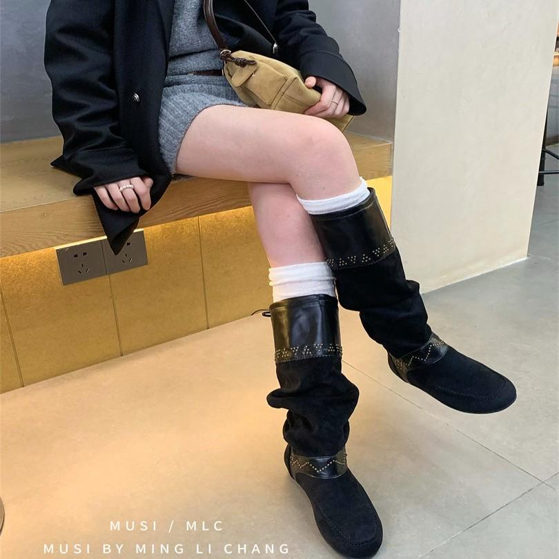 2025 New Boots Maillard Rivets Inner Height Increase Western Cowboy Boots Brown Boots Women