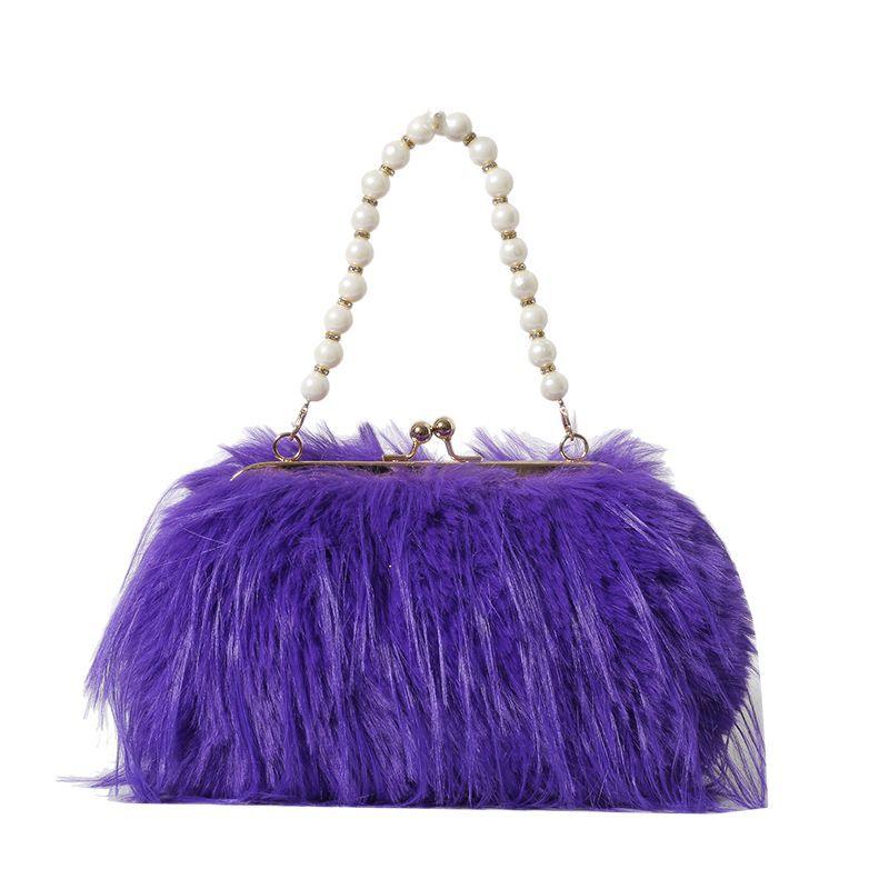 1Pc Autumn and Winter Fashion Shoulder Bag Oblique Span Bag Imitation Turkey Feather Women's Bag Portable Pearl Fringed Plush Square Bag