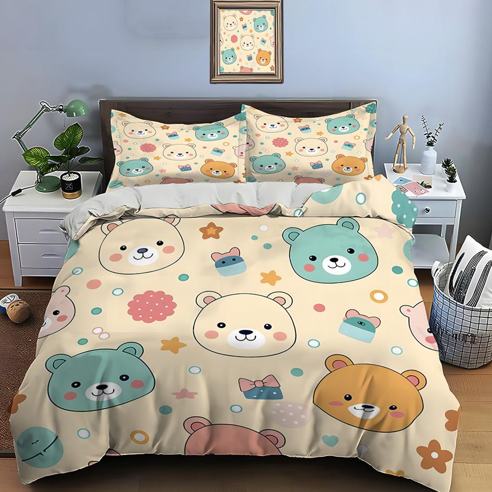 Cute bear cartoon pattern Bedding Set for Kids Luxury Gift 3pcs Digital Print Comforter Set Soft Comfortable Breathable