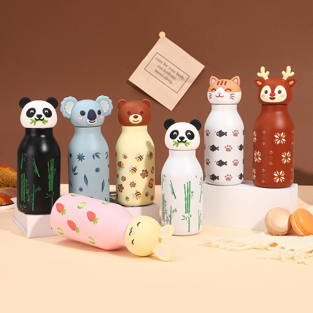 Cute Kids Bottle Silicone Animal Lid Double Wall Insulated Vacuum Stainless Steel Water Bottler Flask
