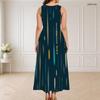 Women Plus Size Round Neck Triple Keyhole Sleeveless Abstract Printed Maxi Dress