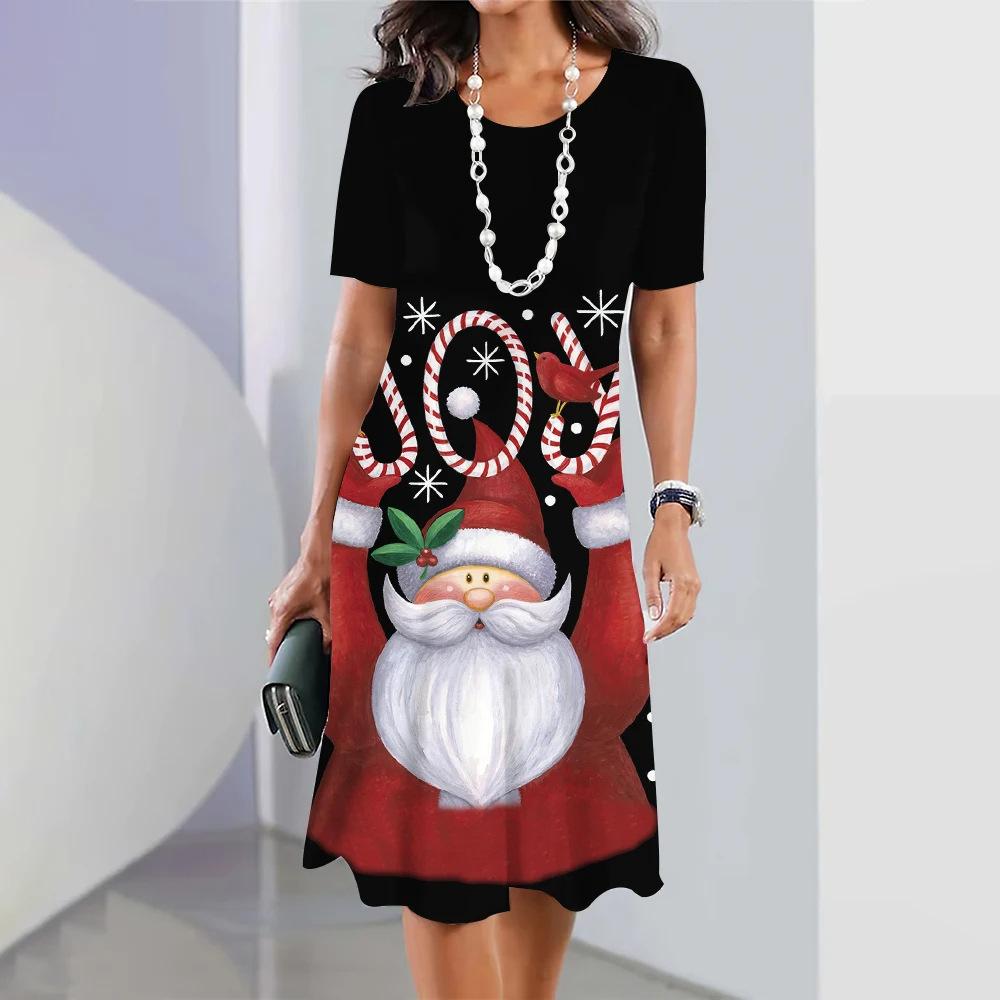 Summer Fashionable Creativity Women Loose Large Round Neck Casual Comfortable Versatile Christmas Series Santa Claus 3D Printed Dresses