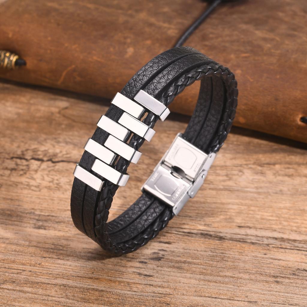 Mens Leather Bracelets,Stylish Stainless Steel 3 Layer Black Bracelets,New Fashion Jewelry Gift for Father Dad Husband BFF Son