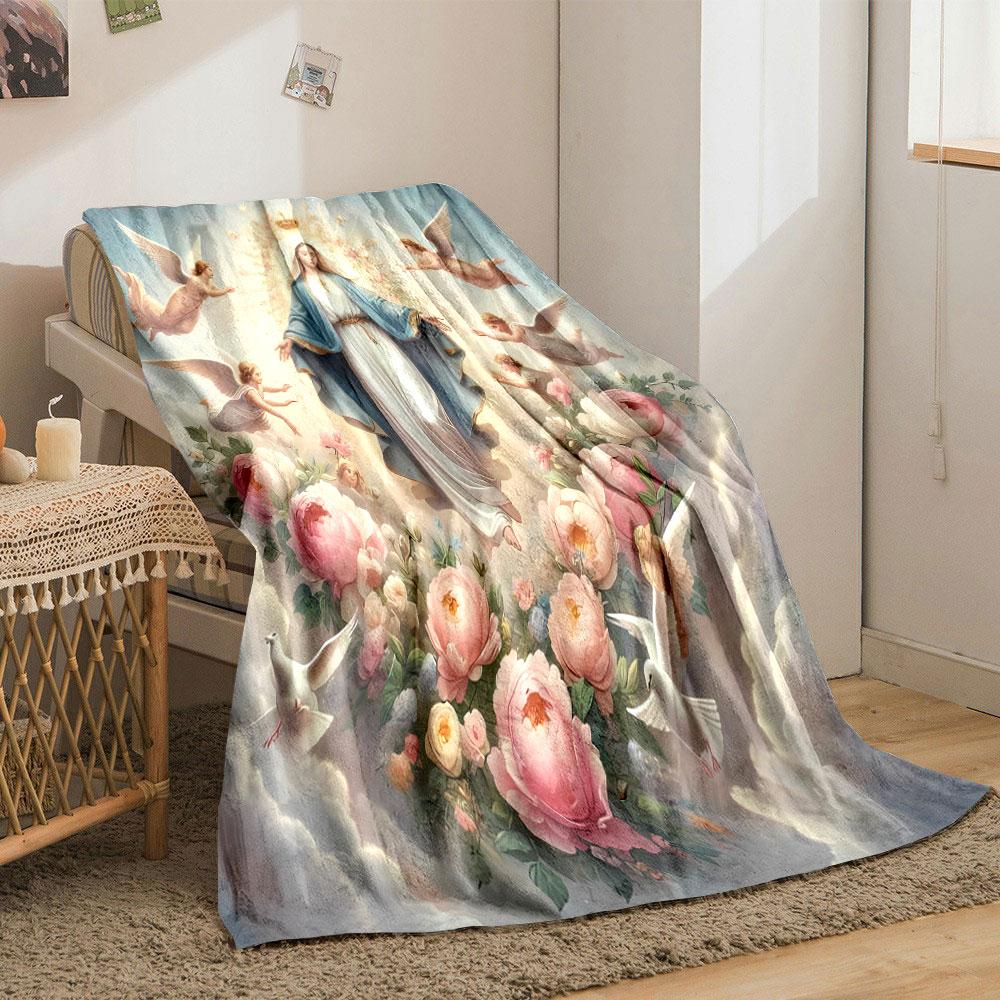 Our Lady Surrounded by Angels and Peonies Cozy Blanket Printed Blanket for Living Room Bed Couch Lunch Break Blanket for Friend's Festival Gift