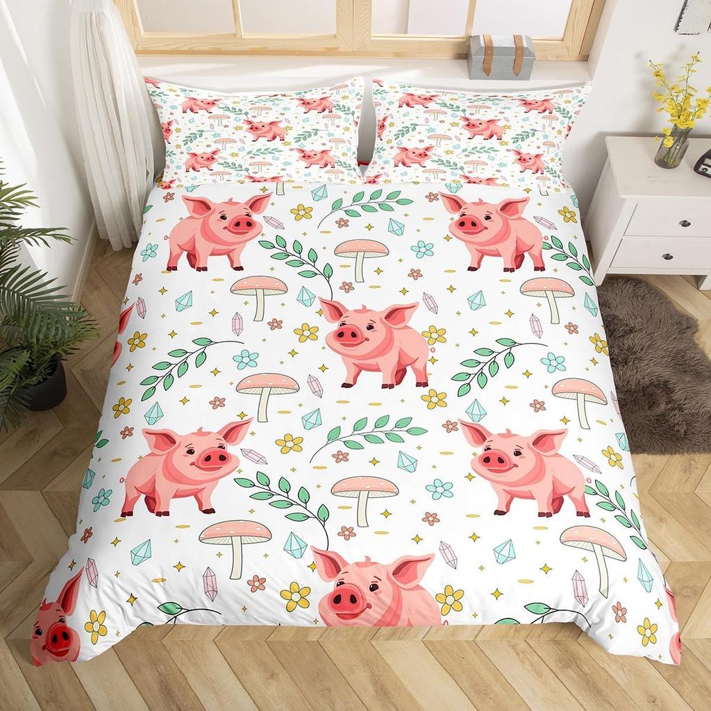 Kids Pig Duvet Cover Set Full King Kawaii Farm Animal Bedding Set Microfiber Tropical Fruit Print Comforter Cover for Teen Adult