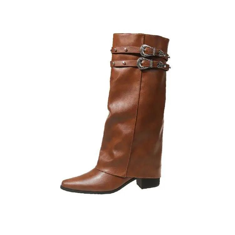 

Retro Western Cowboy High top Tube Women Pointed Toe Knight Long Trendy Streetwear Autumn Winter Botas 38