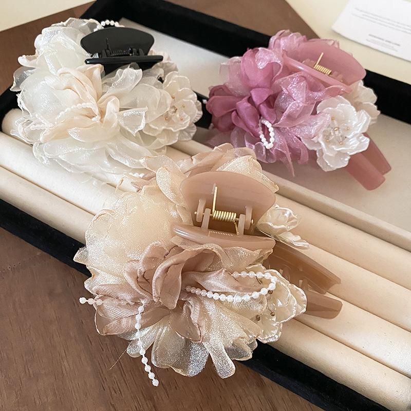 Mesh fabric flower pearl hair catch fairy style niche versatile hairpin fashion high sense simple hair accessories