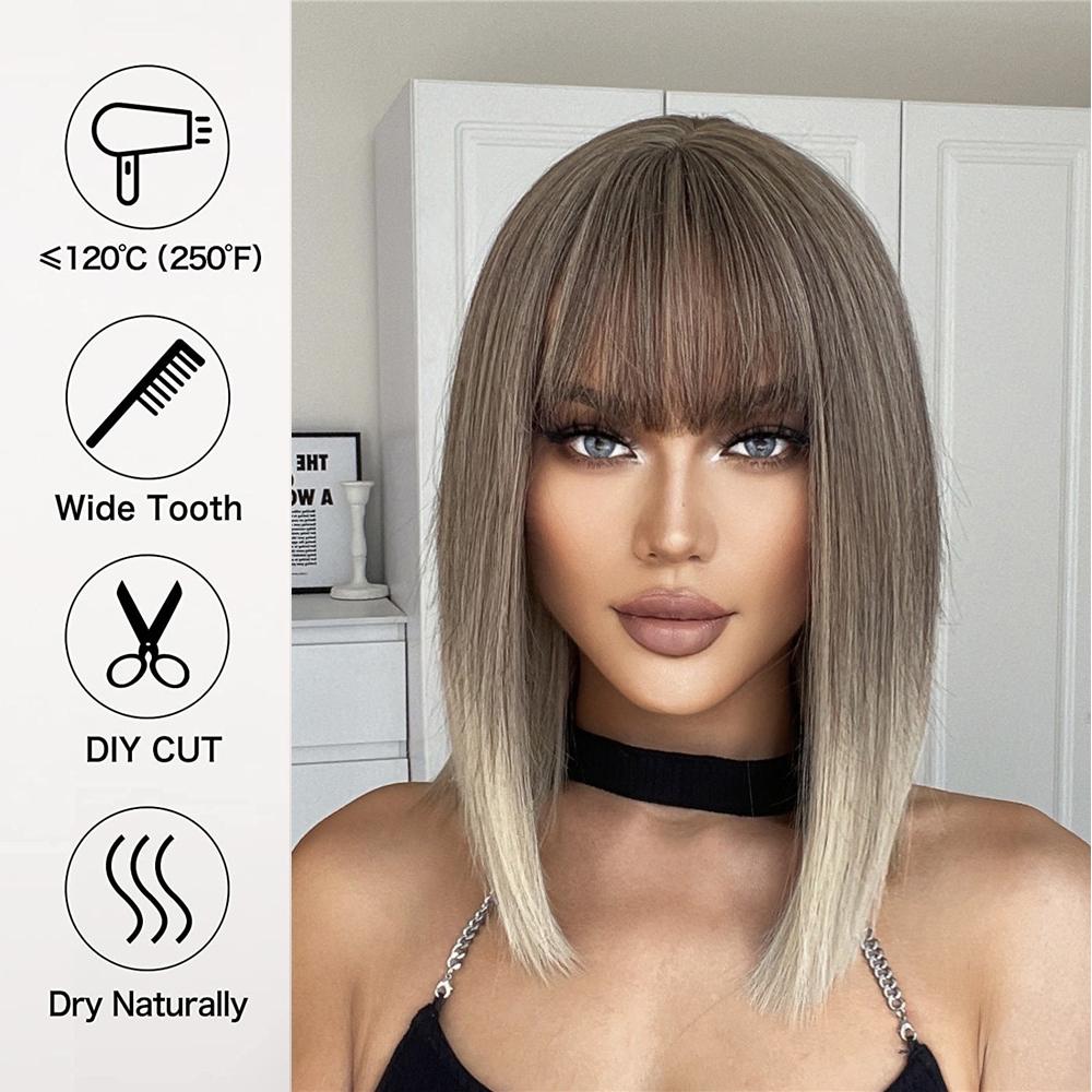 LOUIS FERRE Short Ash Brown Hair Wig for Women Synthetic Ombre Brown Straight Wigs With Bangs Shoulder Length Brown Natural Hair