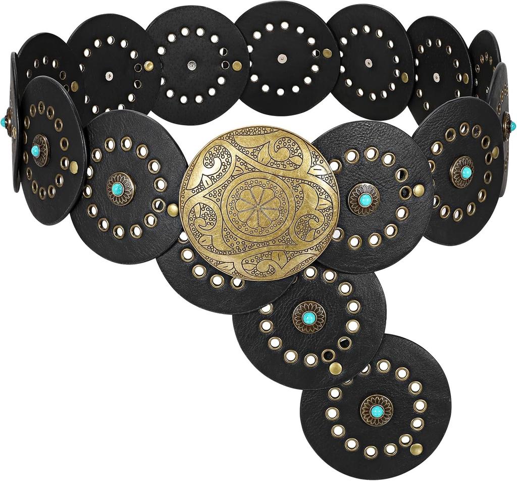 Westliche Ledergürtel für Damen Concho Cowgirl Cowboy Scheibengürtel für Damen Breiter Boho Country Taillengürtel für Kleid