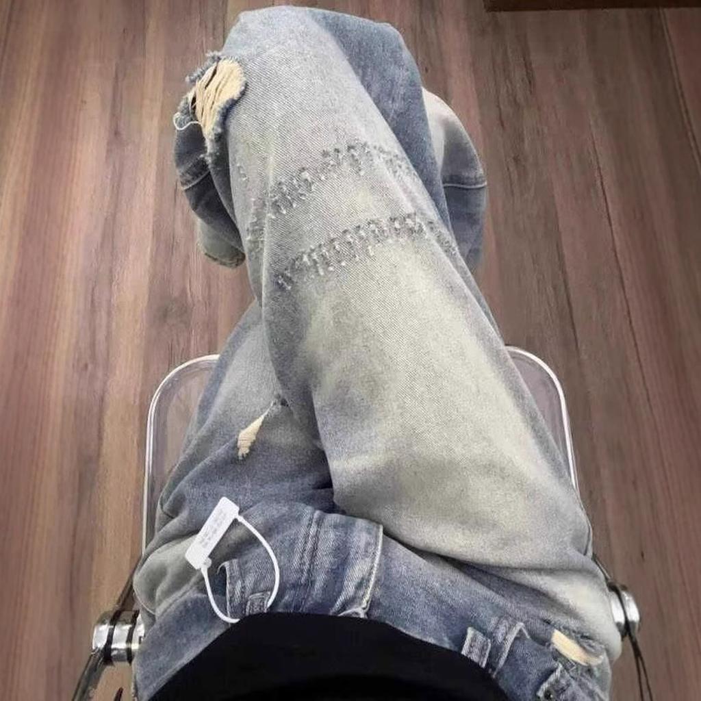 Comfortable Broken Holes Jeans Women Pear Shaped Body Large Size Skinny High Waist Loose Broad Leg Trousers Jeans for Women Long Denim Pants