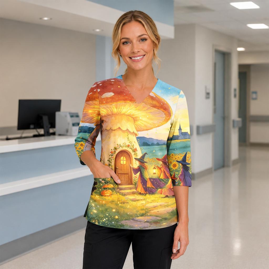 Women's V-Neck Costume with Pockets Halloween Print Side Slit 3/4 Sleeve Top for Cosplay Party