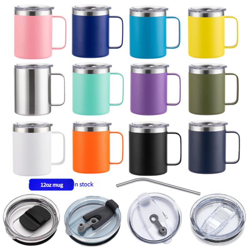 Custom Print Logo Vacuum Insulated 12oz Coffee Mug Cups with Handle Colorful Double Wall 14oz Sliding Lid Tumbler