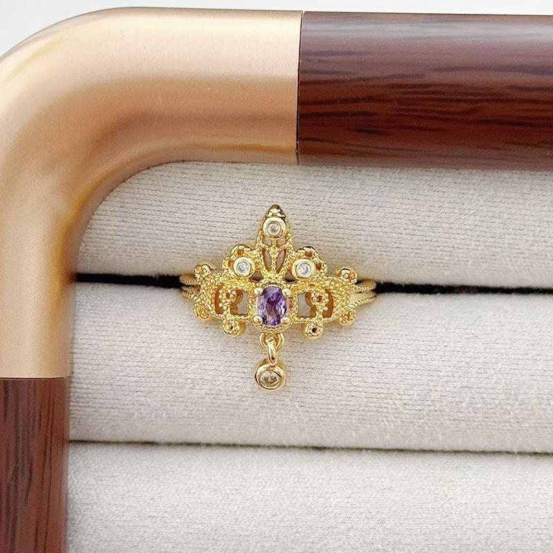 Anel Aberto de Contas de Coroa de Luxo Leve Vintage Medieval Zircônia Requintada Estilo Corte Retrô Francês Anel de Dedo Indicador