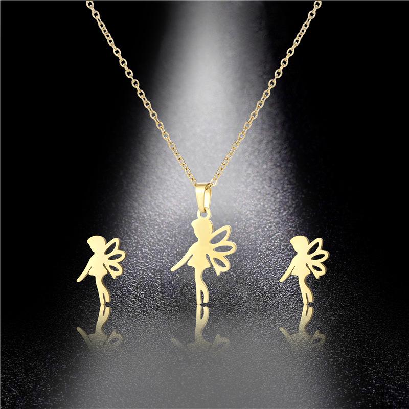 RUI RUI YU Women Necklace Flower Fairy Elf Necklaces for Girls Stainless Steel Jewelry Set Angel Pendant Necklaces Earring Jewelry Gif