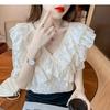 Rüschen Fee flatterndes Halbarm Chiffon Top Damen Sommer Design Nische Neu Spitze V-Ausschnitt Hemd
