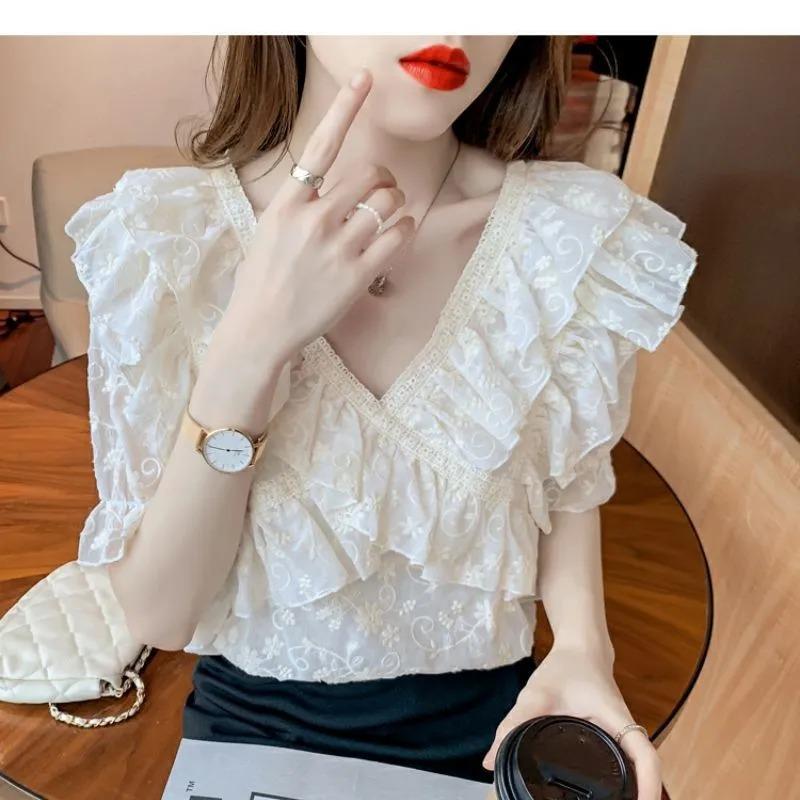 Ruffled Fairy Fluttering Half-sleeved Chiffon Top Women s Summer Design Niche New Lace V-neck Shirt S белый