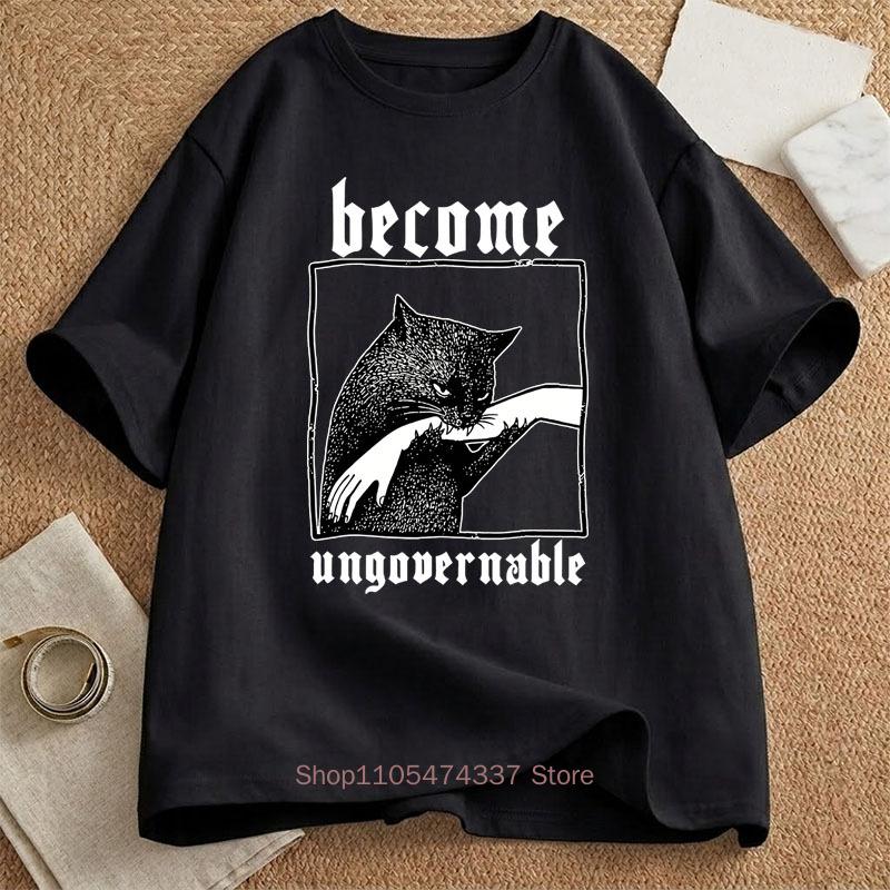 Become Ungovernable Funny Graphic Cat Biting Hand Tshirt Summer Unisex Unisex Fashion Vintage Streetwear Oneck Short Sleeve Tees