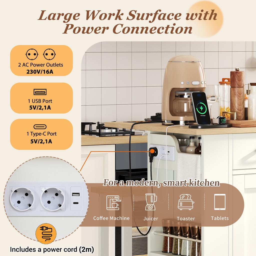Isola Cucina Estendibile con Zona Pranzo, Mensole Regolabili e Cassetti, con Prese Elettriche e Due Sedie, Ideale per Cucina e Sala da Pranzo (bianca)