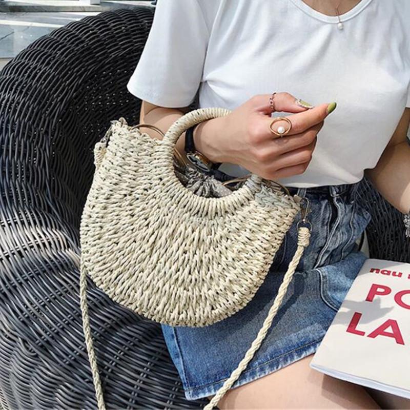Borsa da Spiaggia Rotonda a Metà in Rattan Intrecciato di Paglia Estiva da Donna a Tracolla KTY