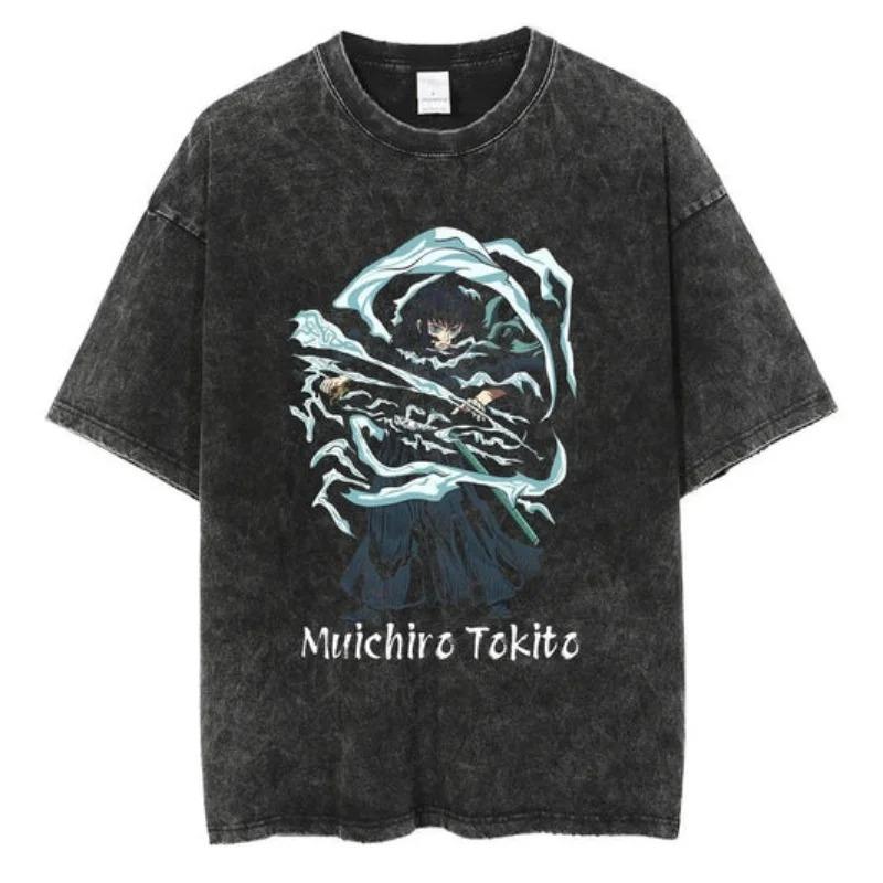 2026 Anime Demon Slayer Retro Washed T-shirt Men's and Women's New Summer Clothing Breathable Fashion Top Streetwear Peripheral Tee