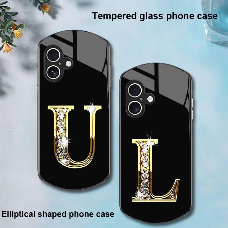 Diamant-Zeichen für Apple iPhone 16 11 13 15 14 Pro Max 12 Mini 7 8 Plus XR X XS Elliptisch geformte Hülle aus gehärtetem Glas