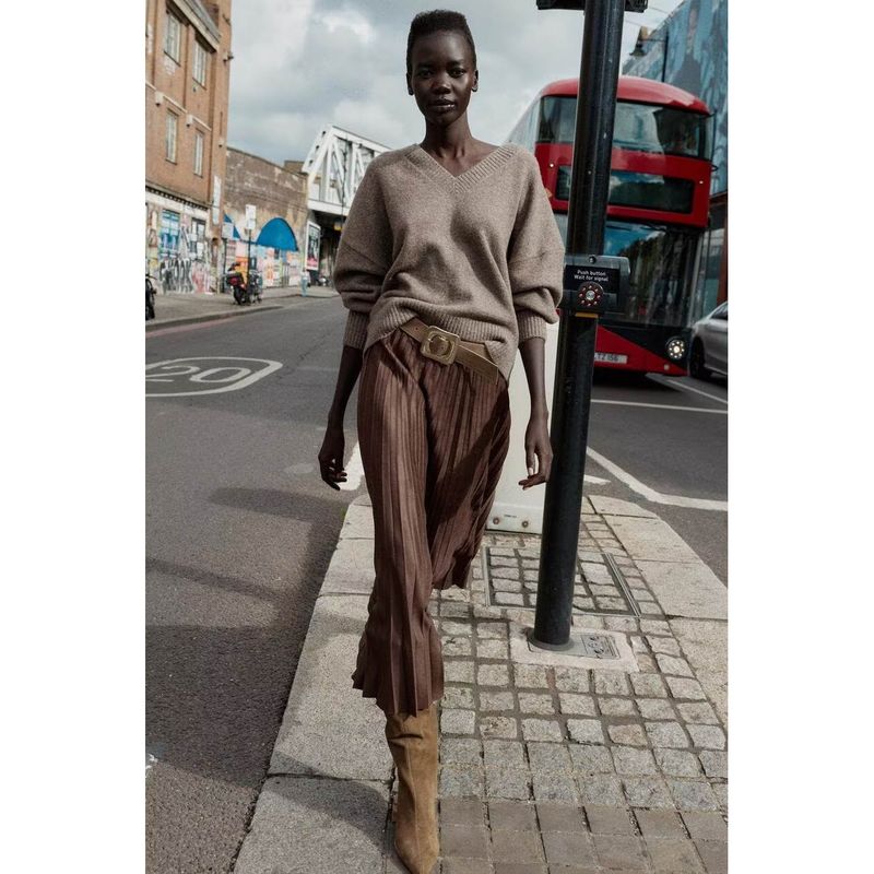 Za Autumn New Women's Clothing Zr European and American Style Fashion Belted Suede Pleated Midi Skirt 3046266