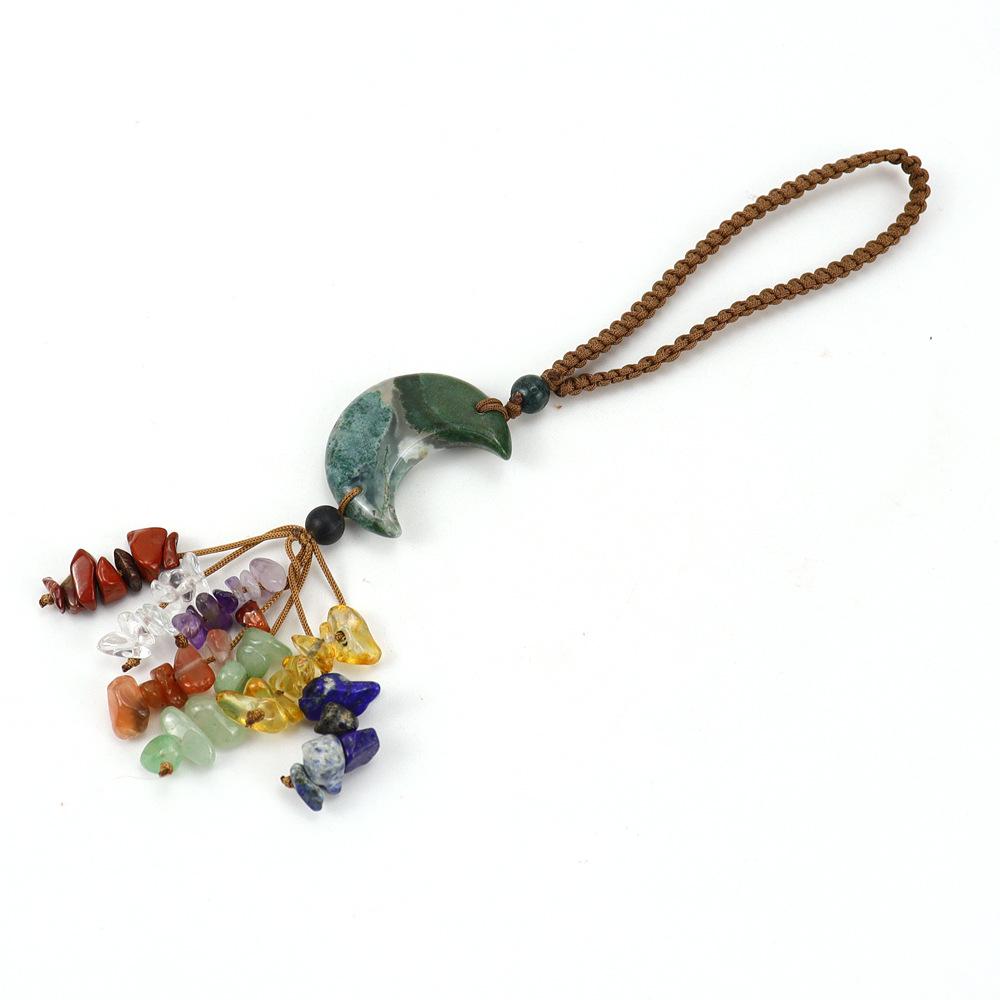 Handmade Woven Raw Crystal Moon Pendant Boho Multicolor Natural Stone Car Hanging Ornament Home Decor Gift for Her