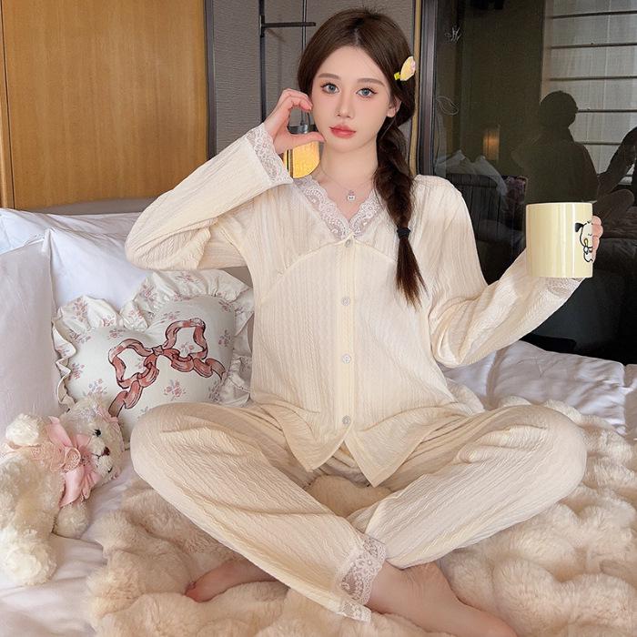 

Милая женская хлопковая пижама больших размеров - брюки с длинными рукавами для весны и осени 5XL бежевый