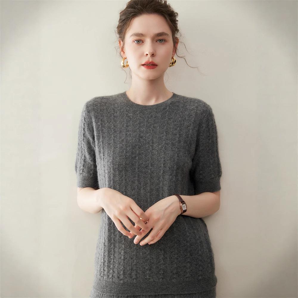 2026 Spring/Summer Women's Pure Cashmere Short Sleeve Round Neck Cable Knit Sweater Pullover Top