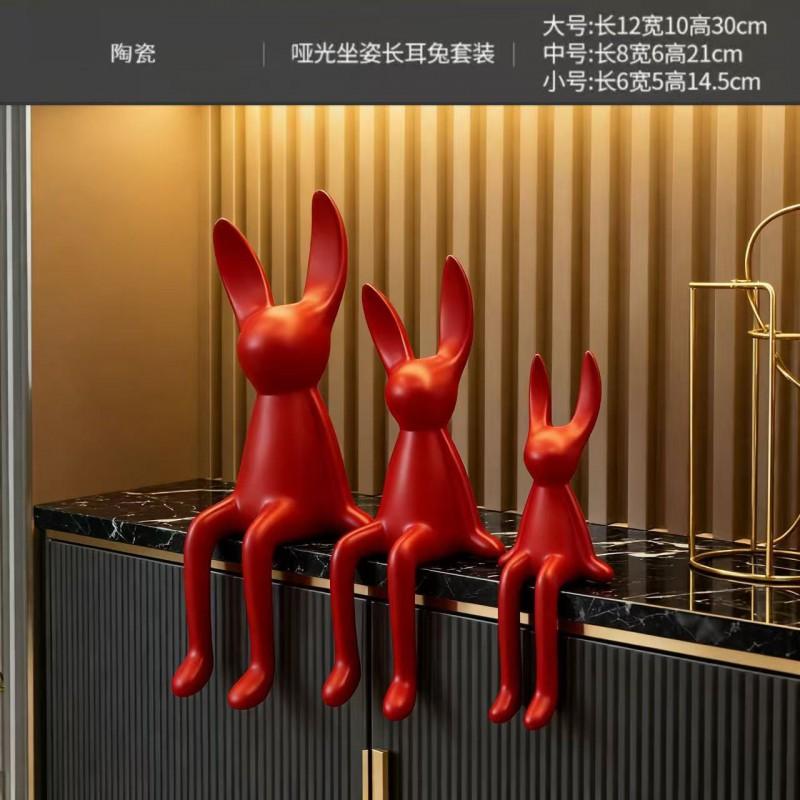Ceramic Sitting Long-Eared Rabbit Figurine Set Nordic Decor Living Room TV Cabinet Entryway Home Decoration Long-Eared Rabbit - Red - 3-Piece Set