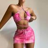 Women's Summer Fashion Sexy Marble-print Backless Lace-up  Waist Pleated Knotted Bikini Three-pieces Swimsuit
