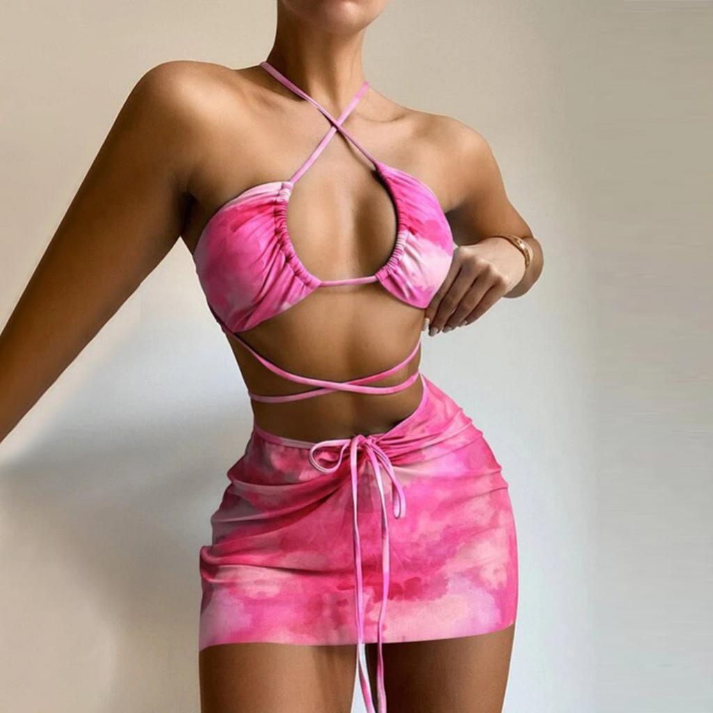Women's Summer Fashion Sexy Marble-print Backless Lace-up  Waist Pleated Knotted Bikini Three-pieces Swimsuit