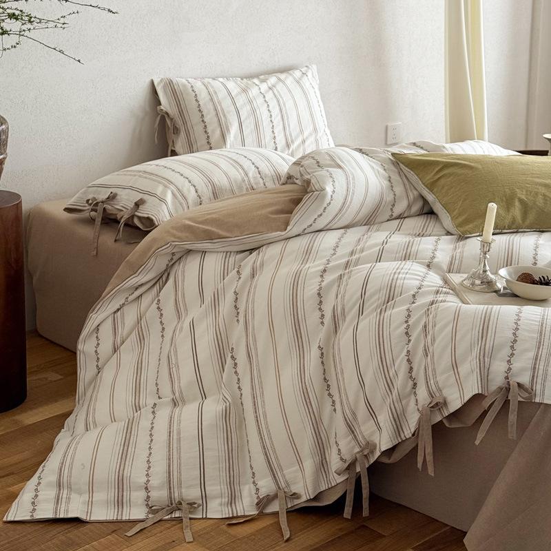 Bed Cotton Four-piece Set Thickened Yarn-dyed Washed Cotton Cut Cotton Strap Quilt Cover Bed Sheet Bedding Bed Hat