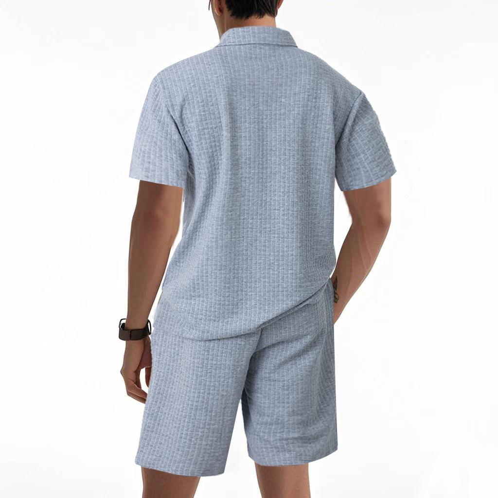 Summer Men’s Short-Sleeved Set: Jacquard Small Check Loose-Fit Casual Polo Shirt Set for Men