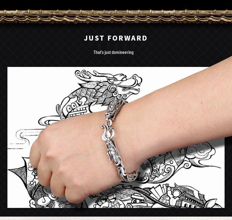 Men's Retro Thai Dragon Bracelet - Distressed Silver, Dragon Head & Bone Chain, Hip-Hop Style
