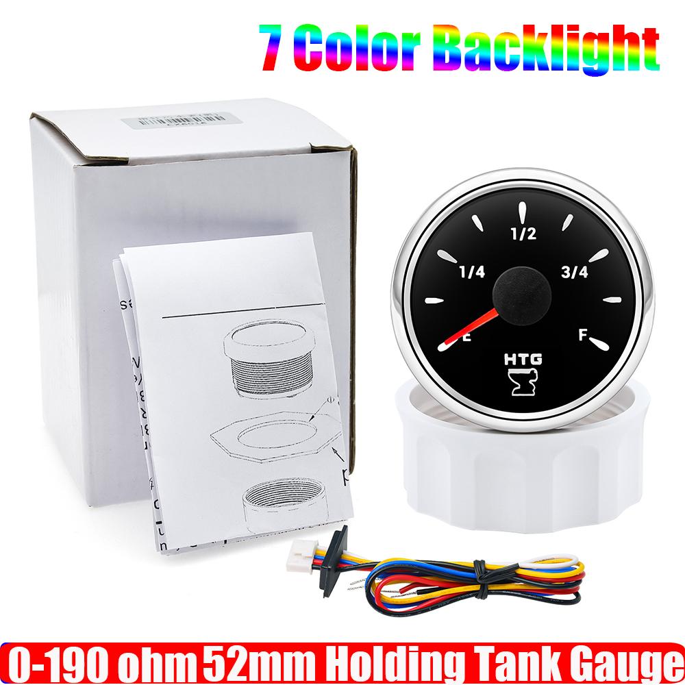 2  52mm Waste Level Gauge 7 Color LED Holding Tank Gauge 0-190ohm HTG Sewage Level Sensor Steel 100-600mm for Car Boat BS Gauge