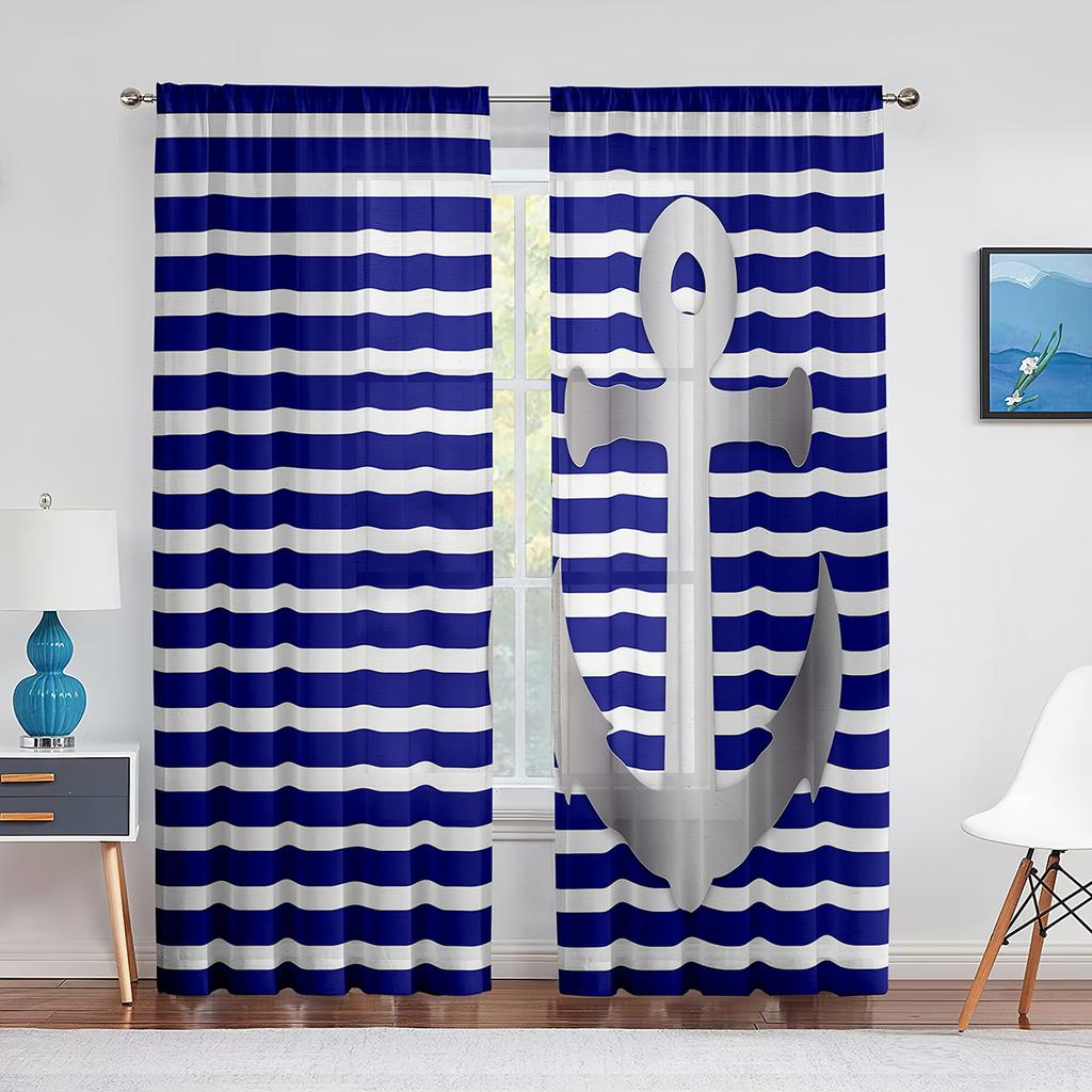 Nautical Anchor Rustic Grey Wooden Sheer Window Curtains Bedroom Modern Chiffon Drape Tulle Living Room Kitchen Voile Curtain